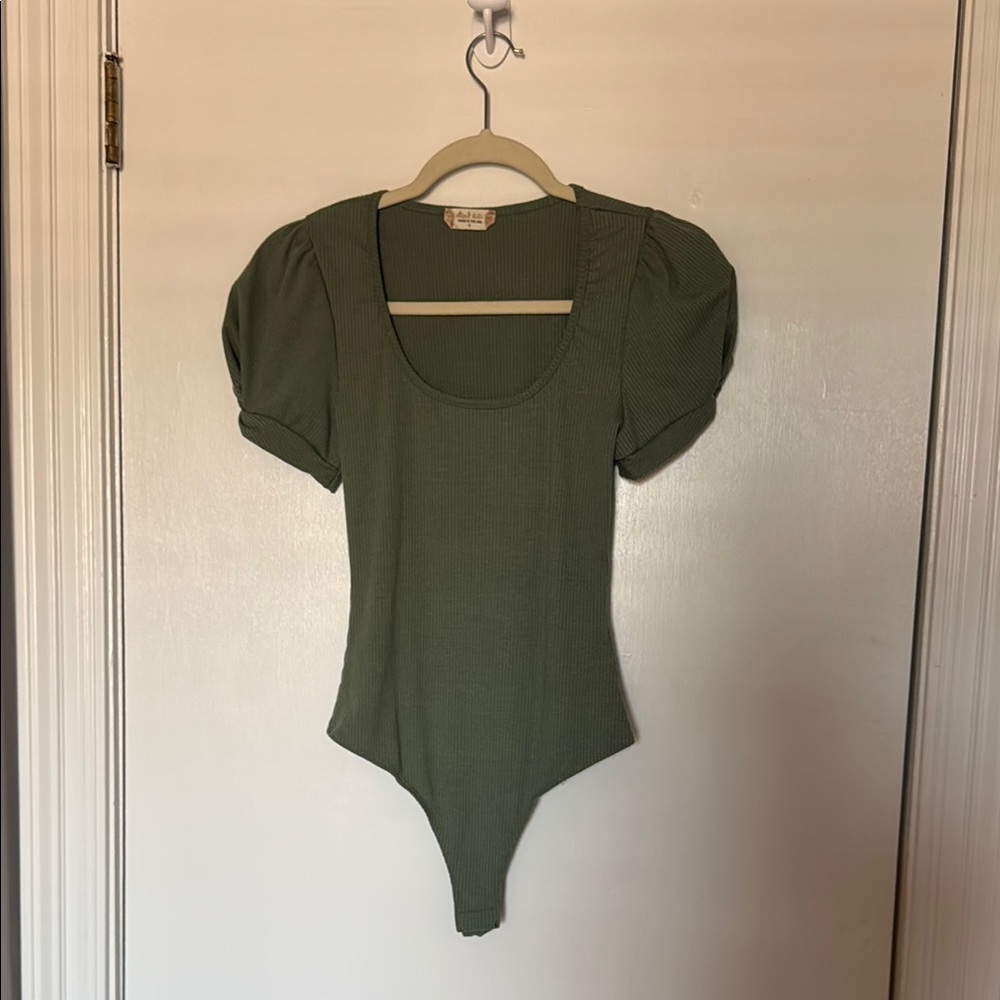 Altar'd State Olive Green Puff Sleeve Ribbed Bodysuit